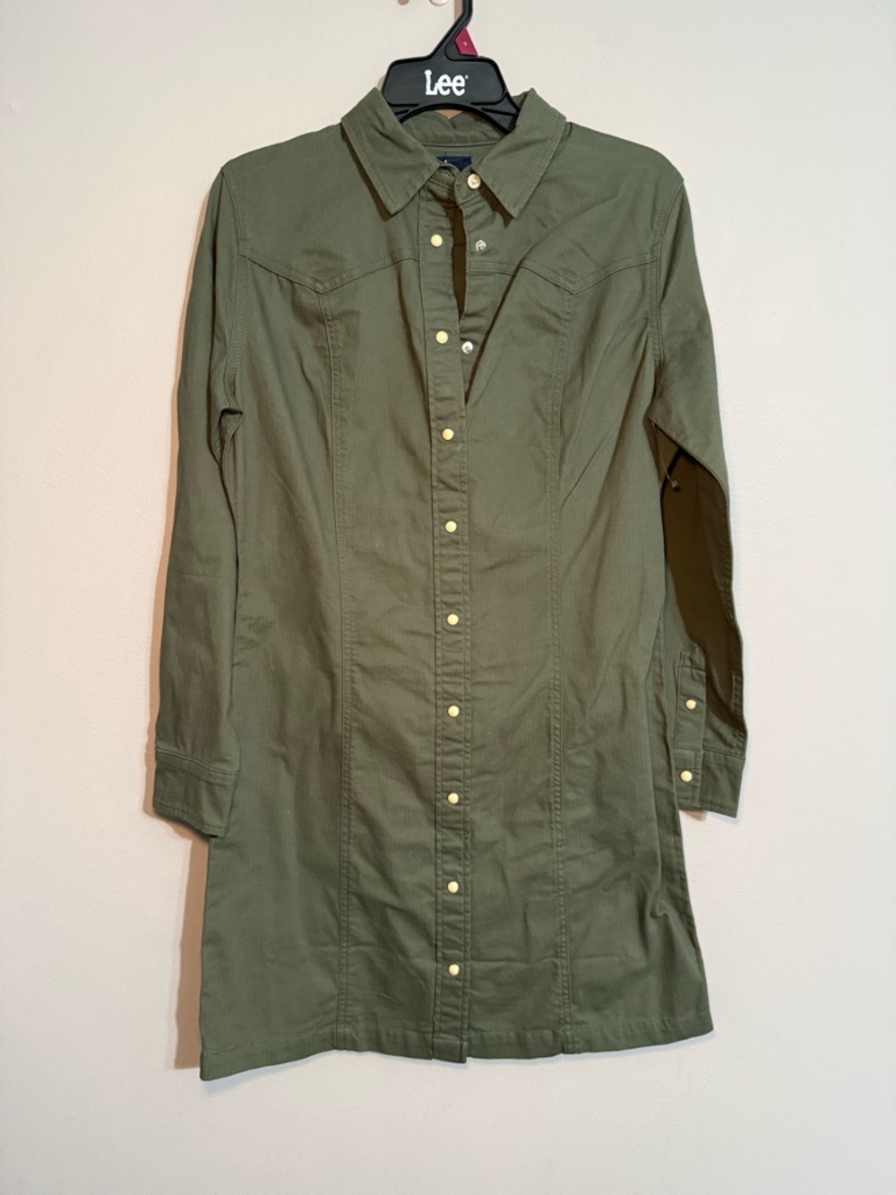 Lee Olive Snap-Front Shirt Dress with Gold-Tone Snaps Small NWOT